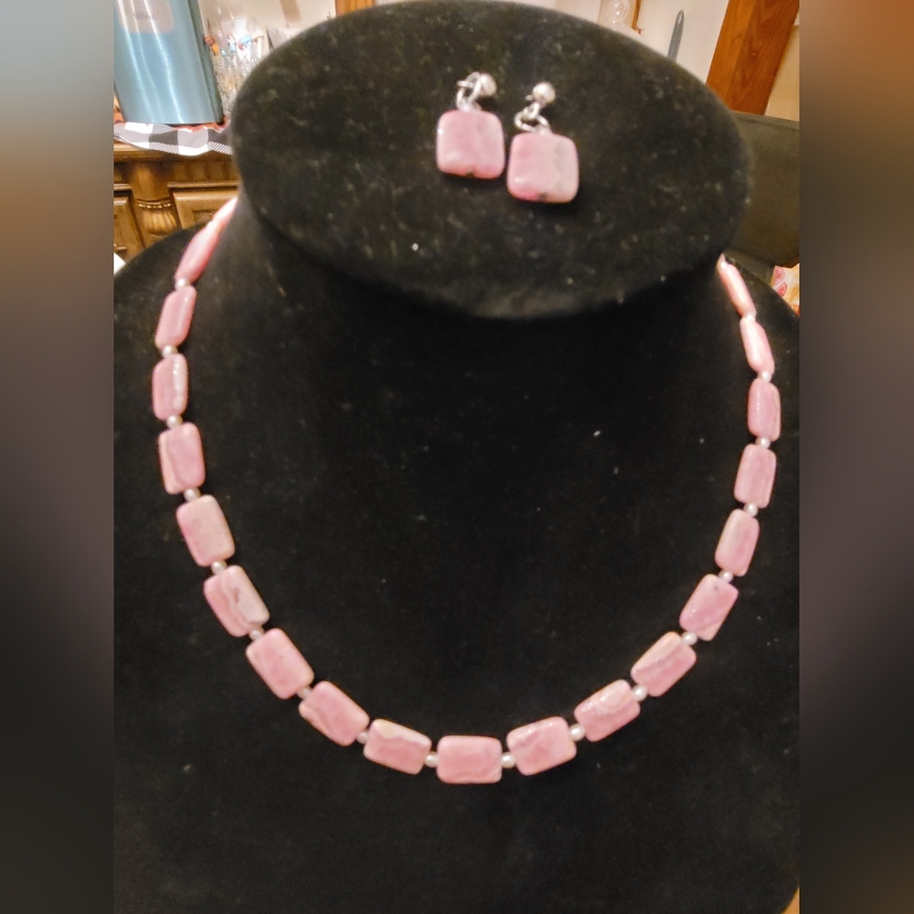 Elegant Pink Rhodochrosite & Pearl Necklace and Earring Set